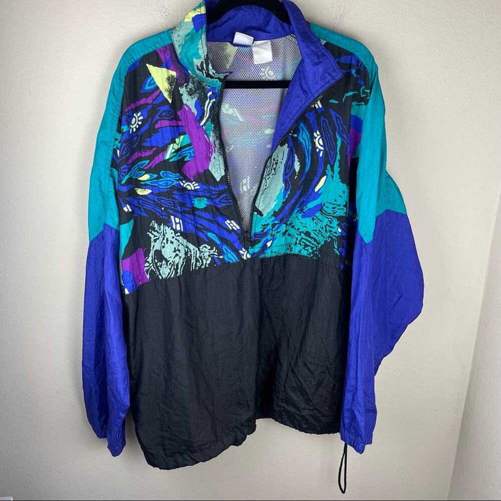 Vintage ASICS Blue Tiger Print Oversized Windbreaker Jacket Womenโs Size XL - Picture 3 of 9
